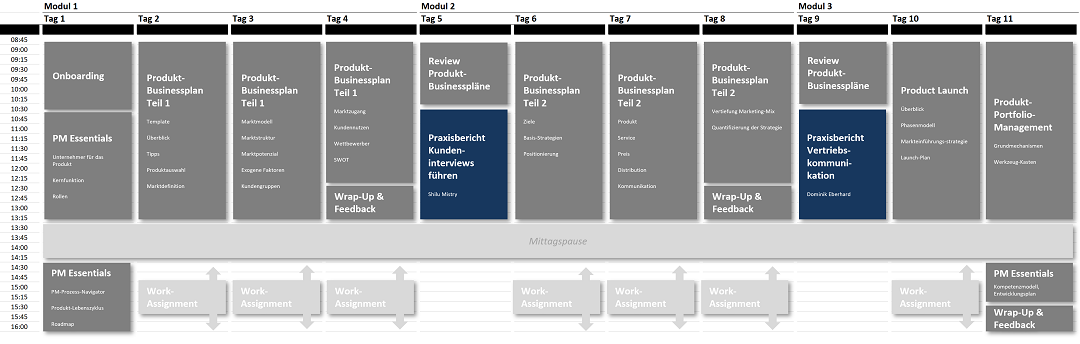 Infografik zum Modulaufbau des virtuellen Lehrgangs Produktmanagement
