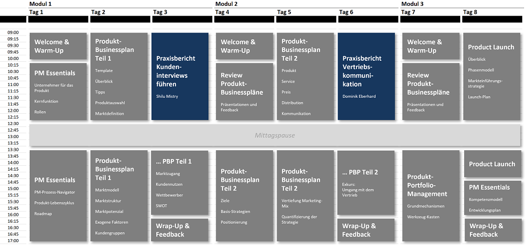 Infografik zum Modulaufbau des Lehrgangs Produktmanagement